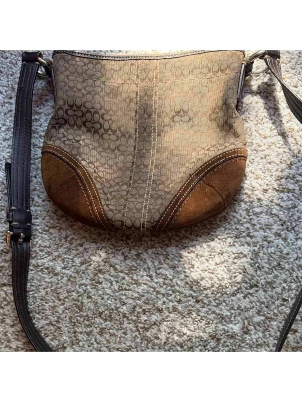 oach Y2K Signature Canvas Suede Trim Crossbody Bag Brown Monogram Shoulder Purse
